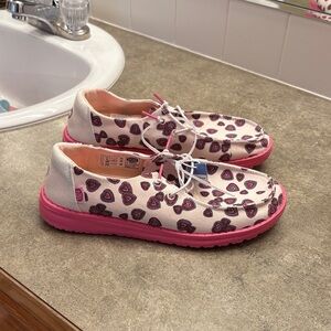 Hey Dude Heart Pattern Pink and White Shoes